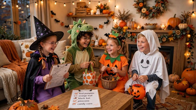 Kids on a Halloween scavenger hunt